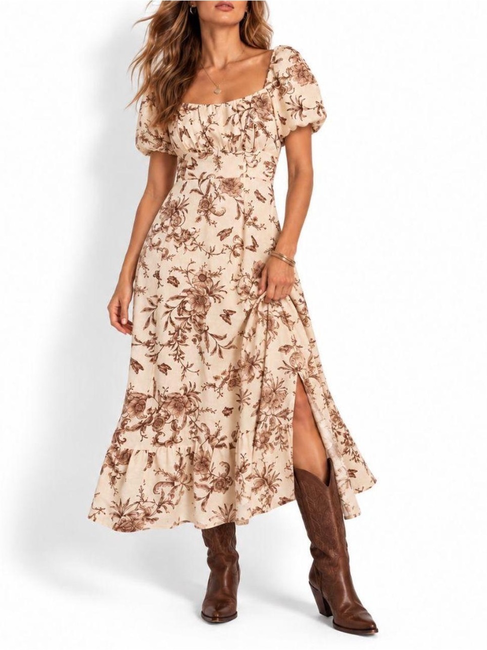 London Times Beige Floral Puff-Sleeve Maxi Dress